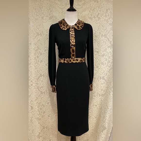 Dolce & Gabbana Long sleeve black with Leopard Trim Cady Dress, size 42, US 4-6 - Picture 2 of 16